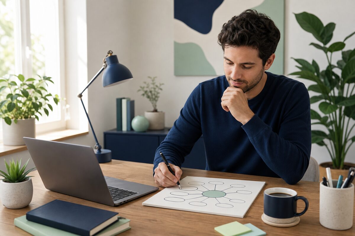 Person writing business name ideas on paper next to a laptop